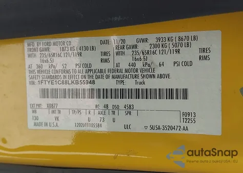 2020 Ford Transit-150 from USA, damaged, VIN 1FTYE1C88LKB55948